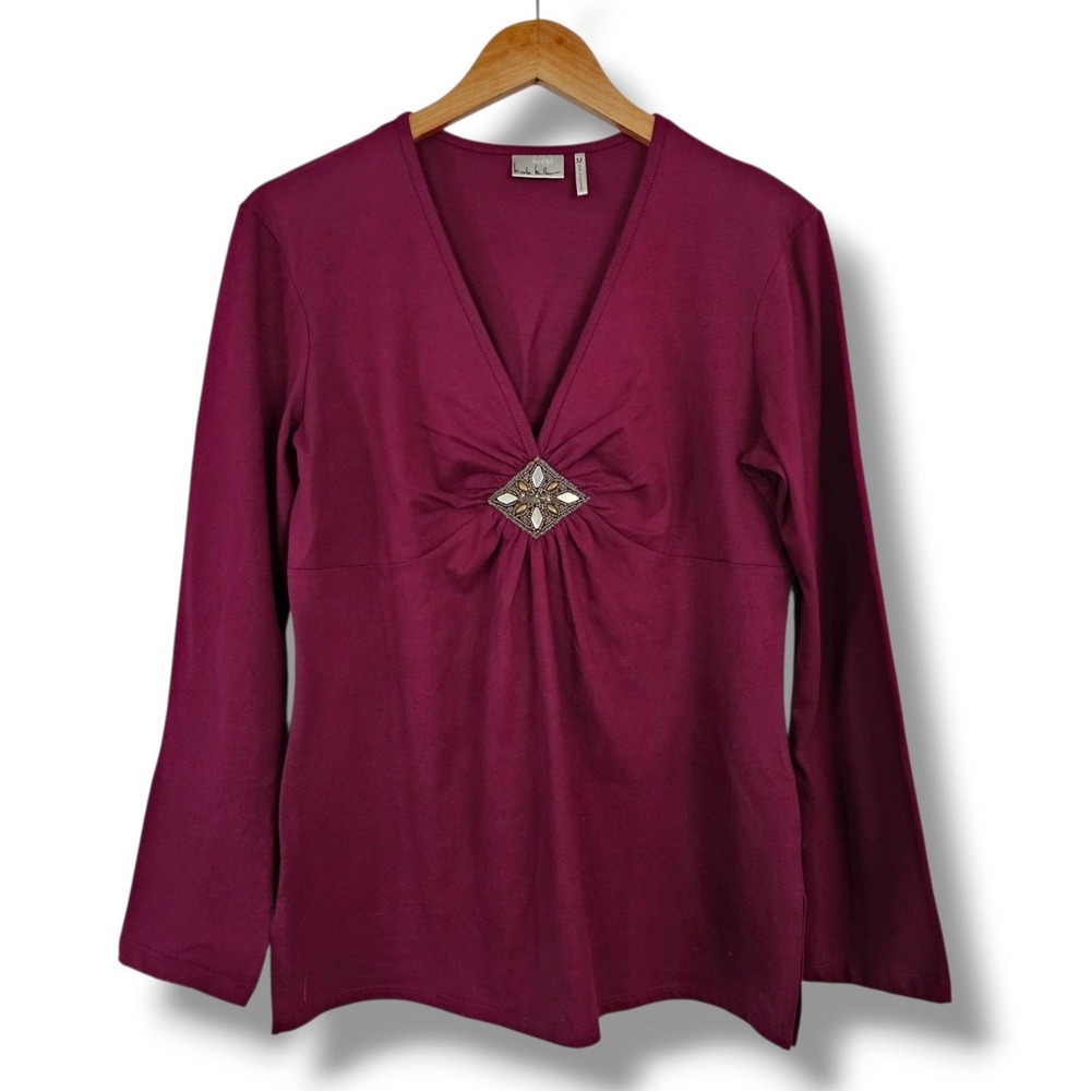 Nicole Miller Top M Women Burgundy Embellished V-Neck Long Sleeve Whimsigoth Y2K